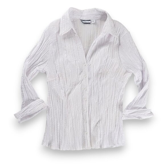 Y2k White Crinkle Fabric Long Sleeve Button Up Collared Floral Embroidered Top - Picture 1 of 8